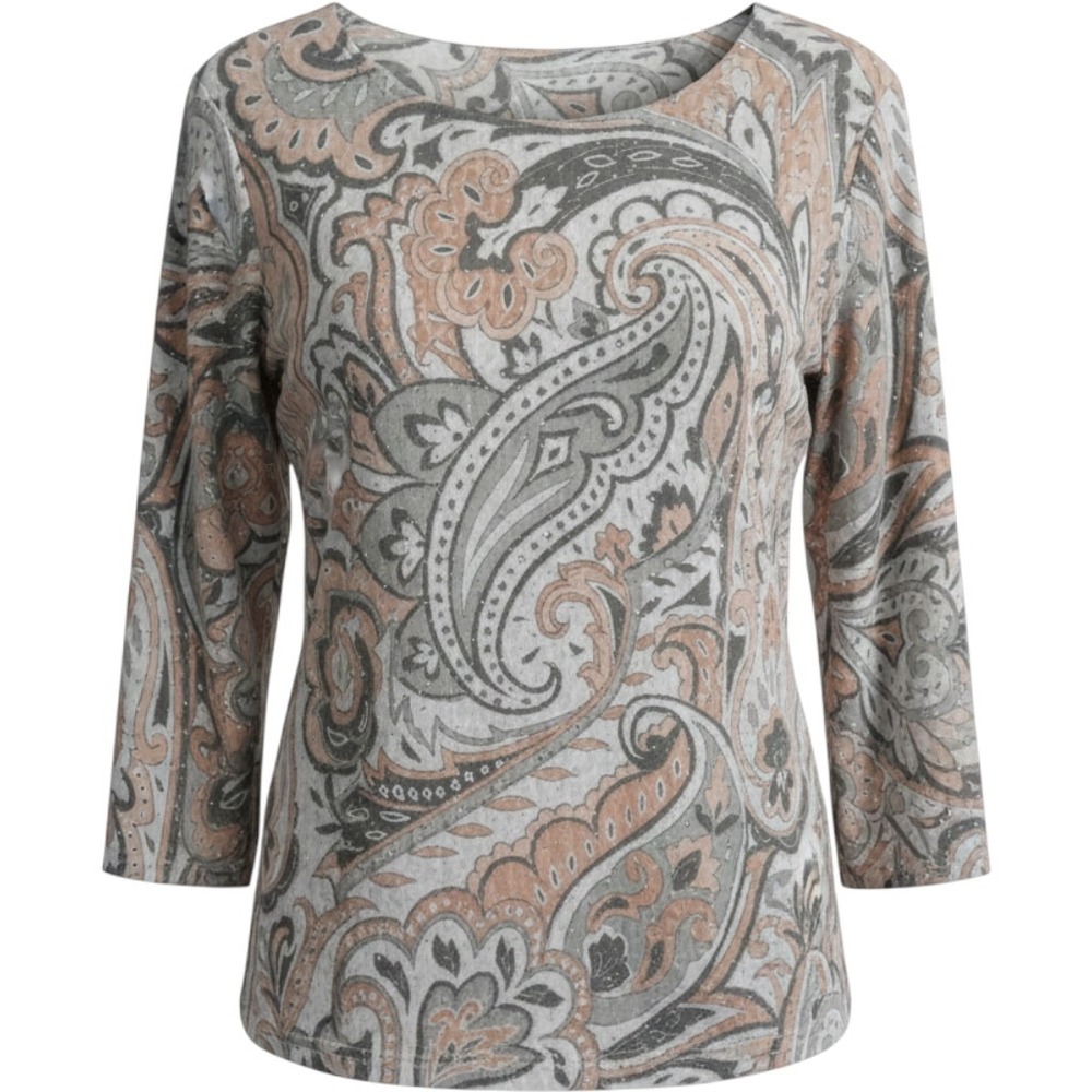 Ruby Rd Woman Paisley Rhinestone 3/4 Sleeve Top Grey Peach 1X 94293-07